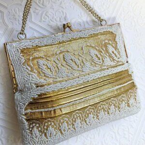Vintage 1950's Gold & White Beaded Wristlet